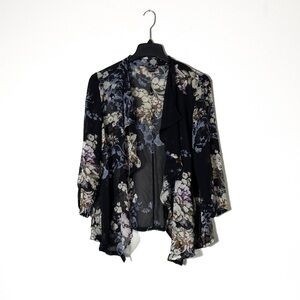Citron Santa Monica 100% Silk Floral Sheer Kimono Waterfall Cardigan‎